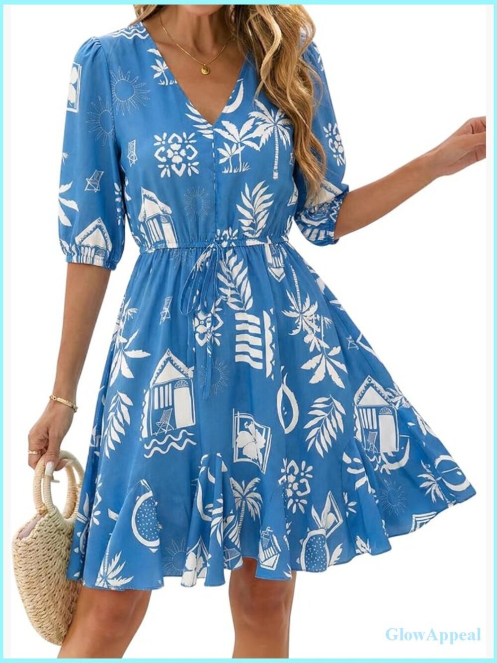 V Neck Puff Short Sleeve Mini Dress Floral Boho Ruffle Summer